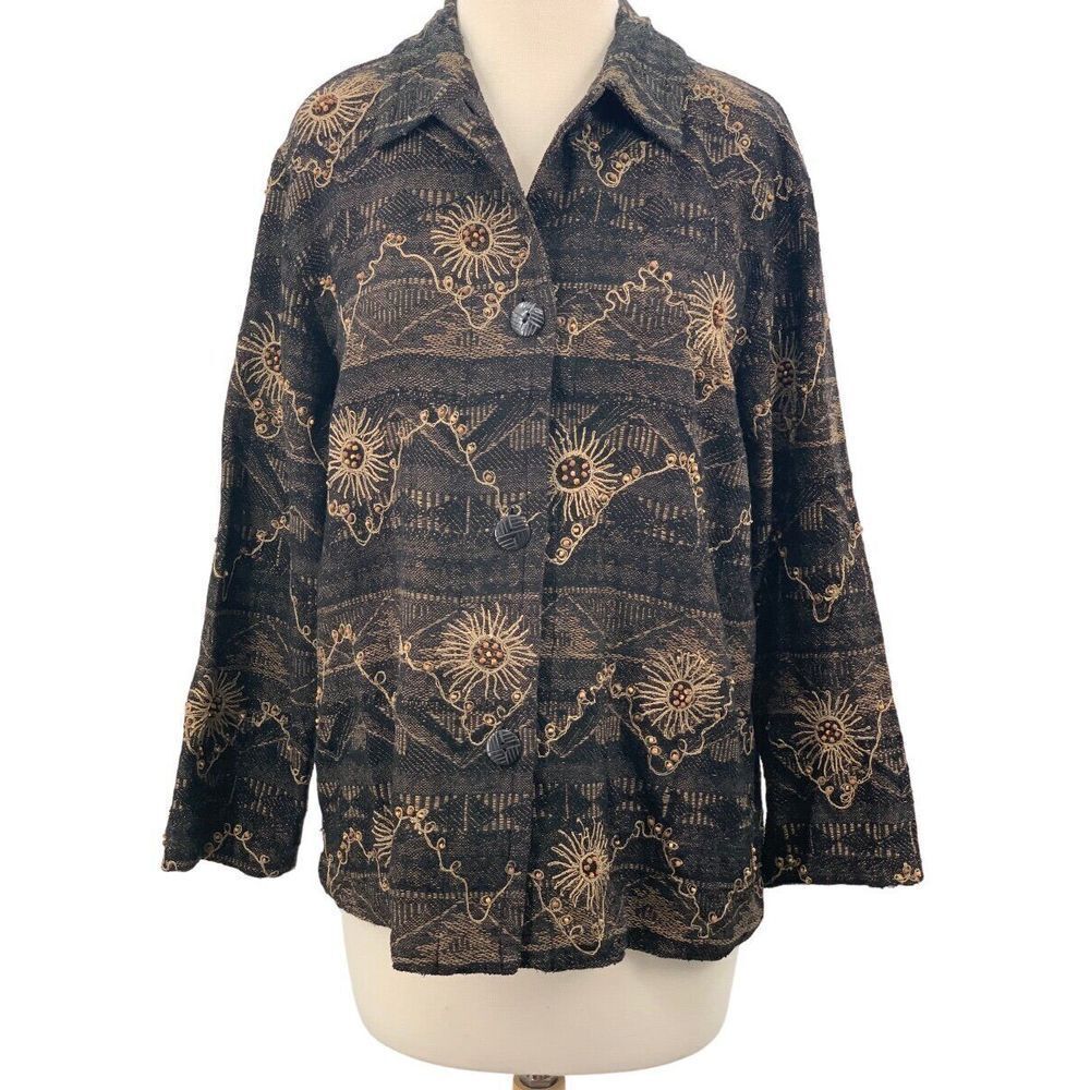 Chico's Design LS Button Front Silk‎ Blend Jacket Black/Tan Beaded Embroidered M